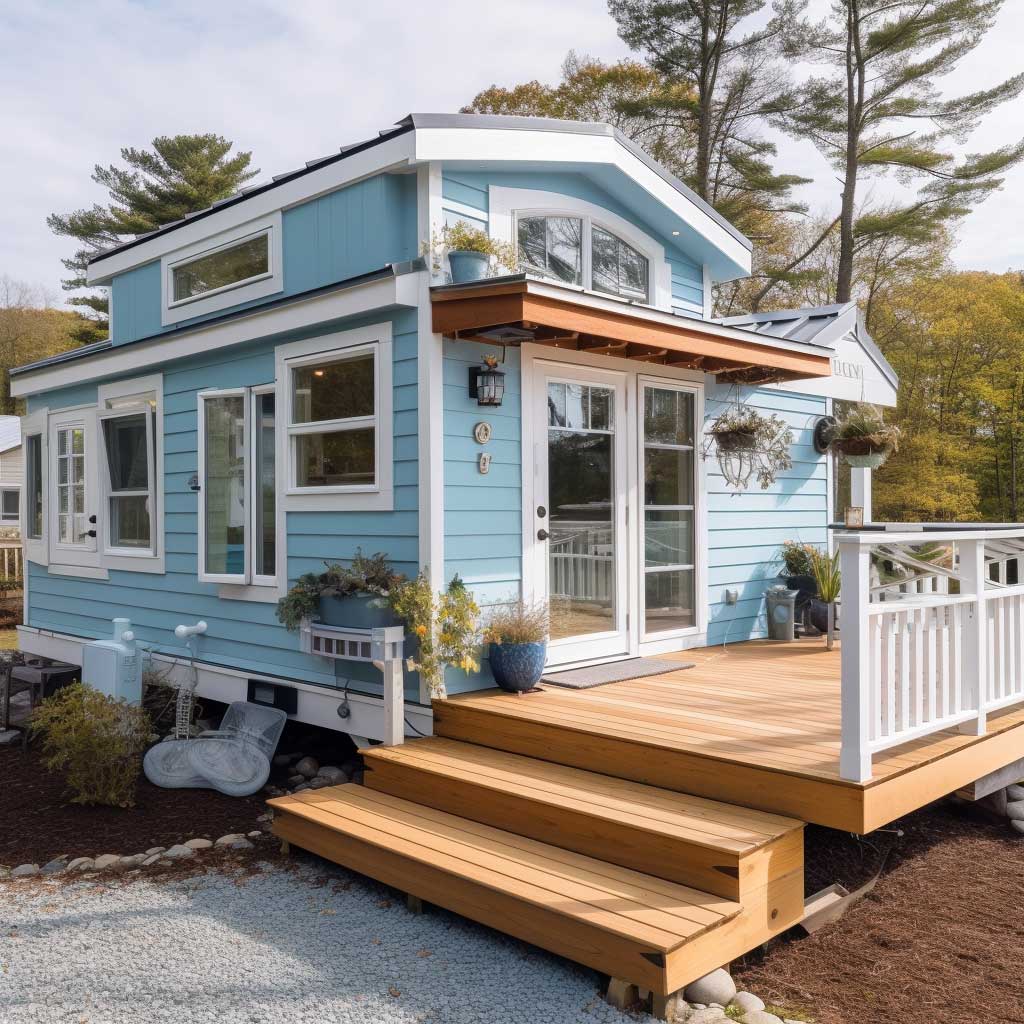 A tiny house exterior showcasing a coastal-inspired design with a light blue façade, white trims, and a spacious outdoor deck.