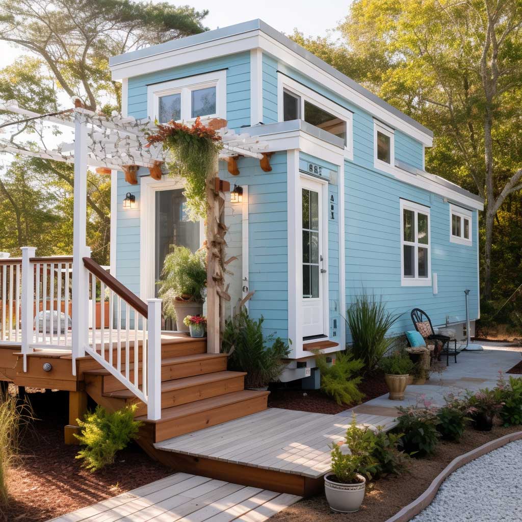 A tiny house exterior showcasing a coastal-inspired design with a light blue façade, white trims, and a spacious outdoor deck.