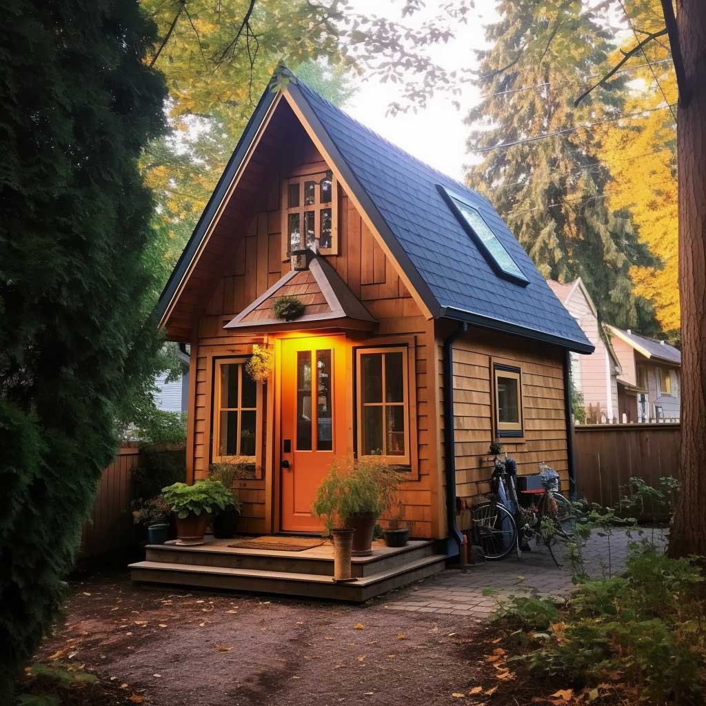A quaint tiny house showcasing a compact yet charming exterior with cedar siding and a small front porch.
