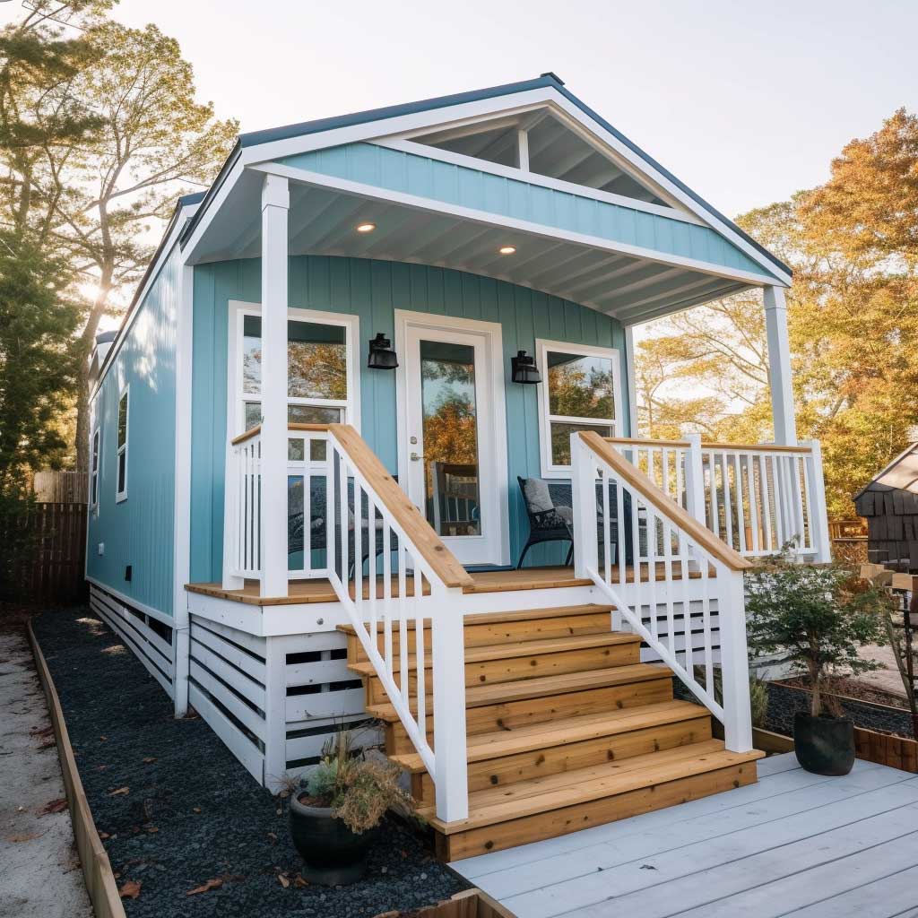 A tiny house exterior showcasing a coastal-inspired design with a light blue façade, white trims, and a spacious outdoor deck.