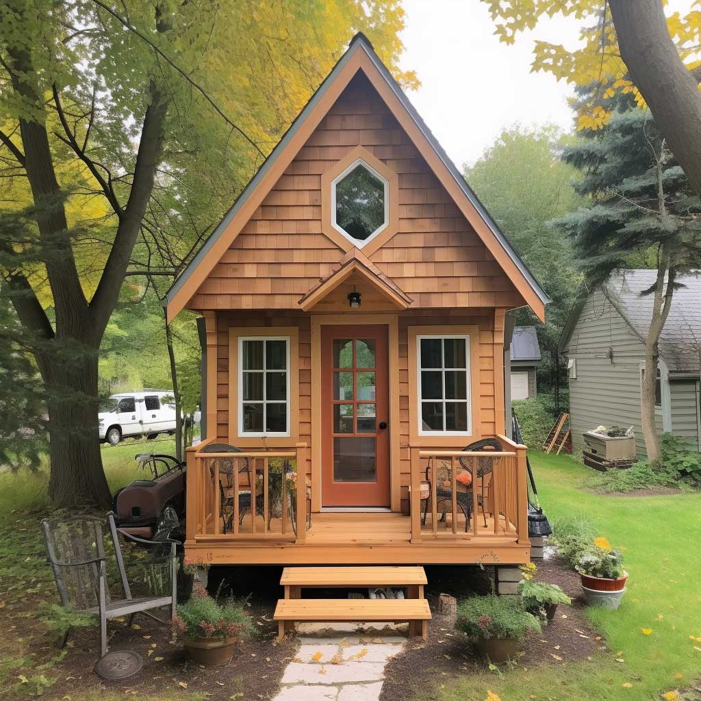 A quaint tiny house showcasing a compact yet charming exterior with cedar siding and a small front porch.