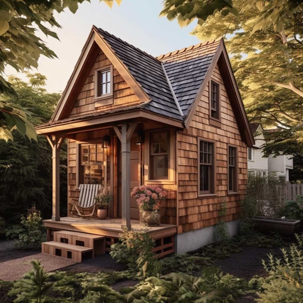 A quaint tiny house showcasing a compact yet charming exterior with cedar siding and a small front porch.