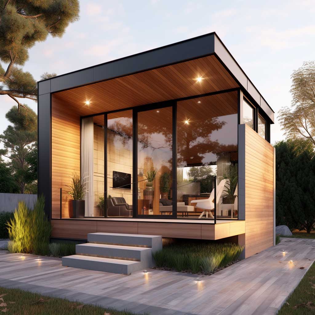 A tiny house exterior displaying a modern design with sleek lines, flat roof, and large glass windows.
