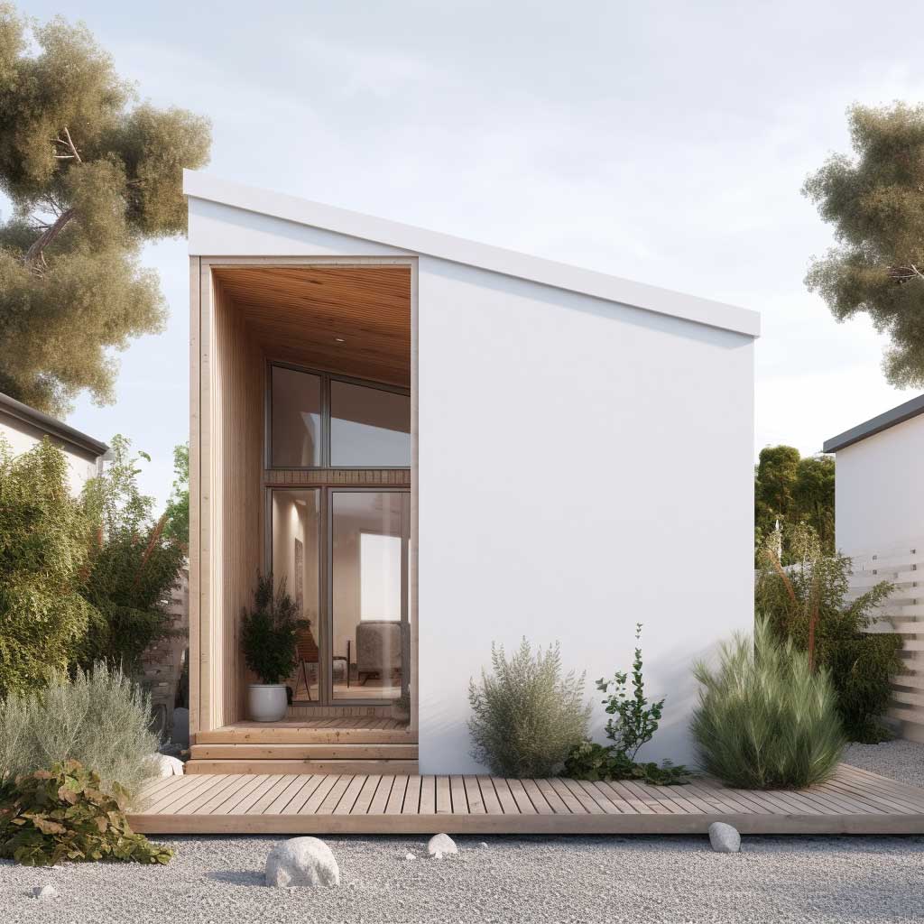 A tiny house exterior embodying Scandinavian design principles with a clean white façade, natural wood elements, and minimalist aesthetics.