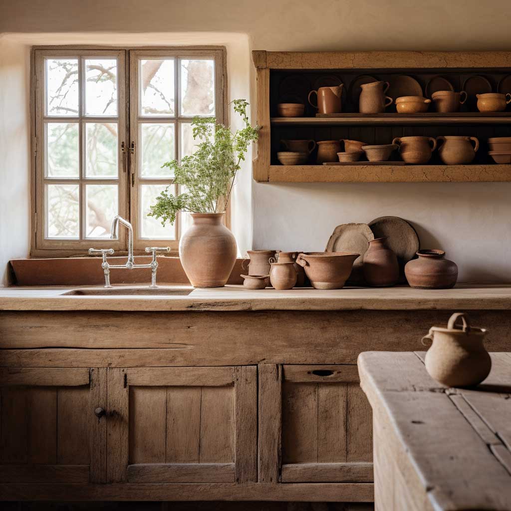 A photograph of a Wabi Sabi style kitchen featuring rustic wooden cabinetry, a farmhouse sink, and handmade pottery, all embodying a sense of warmth and authenticity.