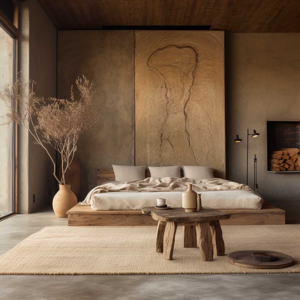 The photo illustrates a room in a home designed following the Wabi Sabi philosophy, featuring natural, imperfect textures and a muted color palette.