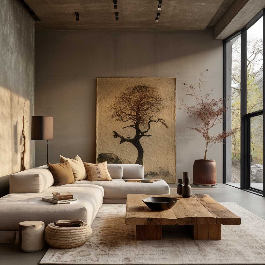 The photo illustrates a room in a home designed following the Wabi Sabi philosophy, featuring natural, imperfect textures and a muted color palette.