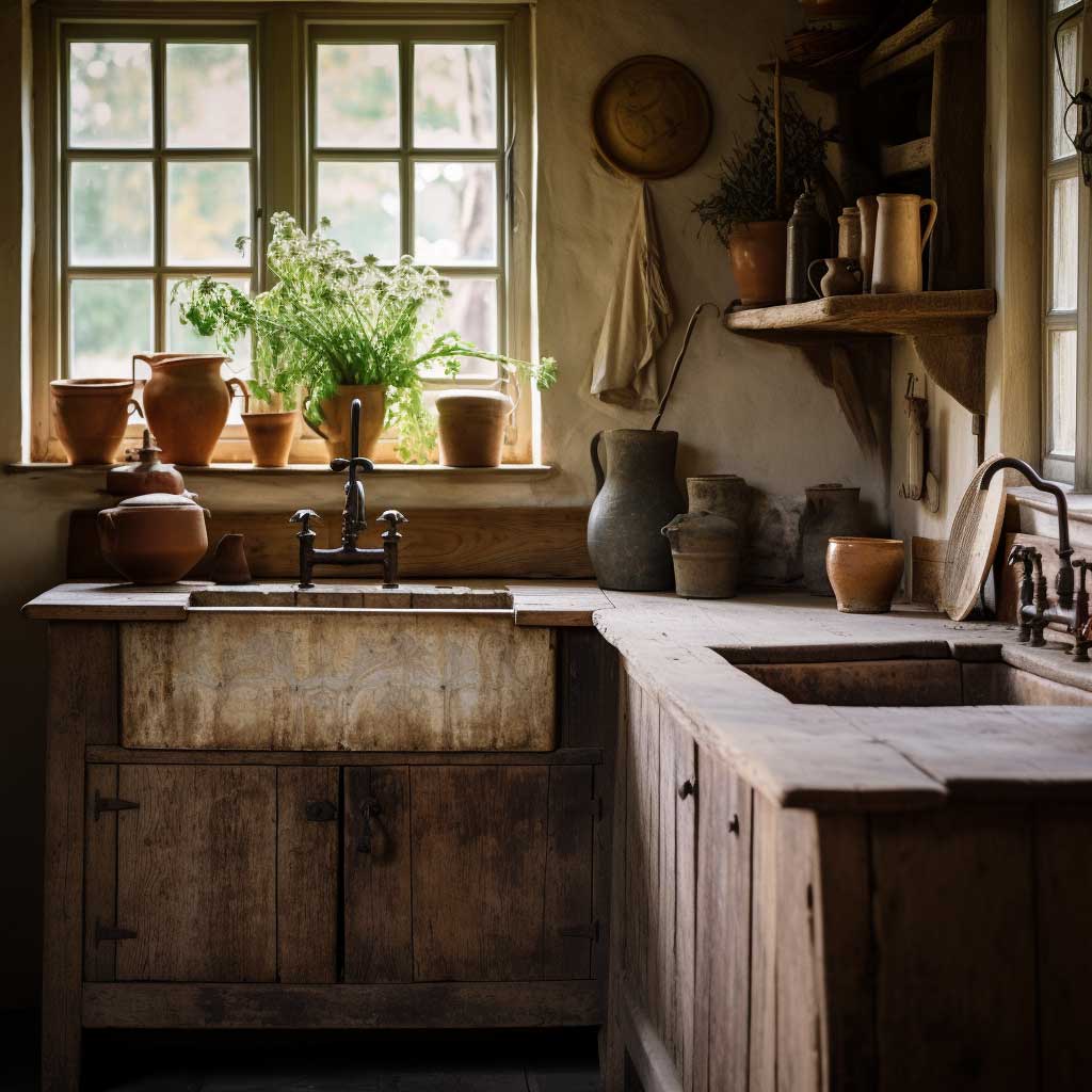 A photograph of a Wabi Sabi style kitchen featuring rustic wooden cabinetry, a farmhouse sink, and handmade pottery, all embodying a sense of warmth and authenticity.