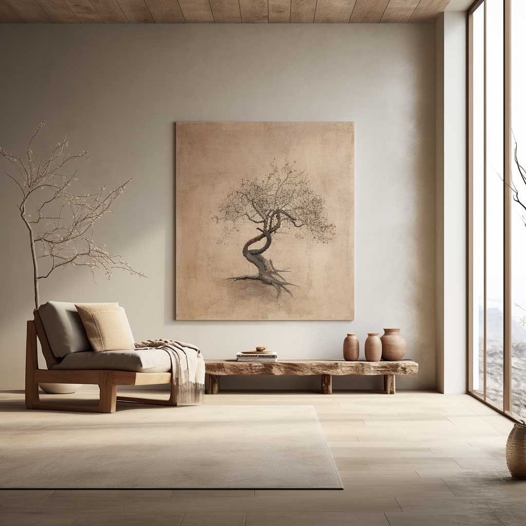 An image showcasing a tranquil, minimalist room decorated following the Wabi Sabi design principles, with weathered furniture, natural elements, and a calming neutral palette.