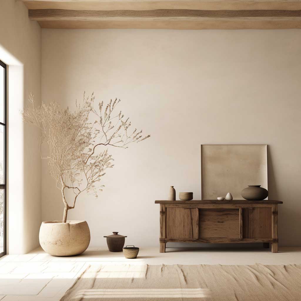 An image showcasing a tranquil, minimalist room decorated following the Wabi Sabi design principles, with weathered furniture, natural elements, and a calming neutral palette.