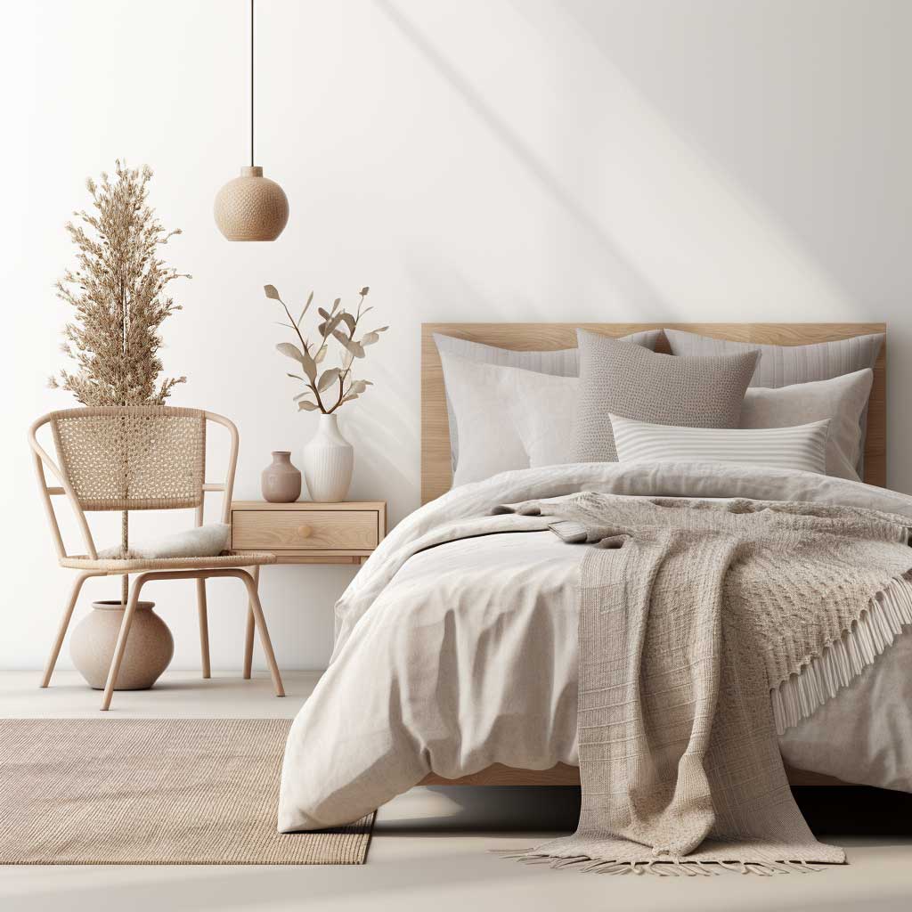 A snapshot of a Scandinavian-inspired bedroom, exhibiting simplistic harmony through warm hues, natural materials, and minimalist design.