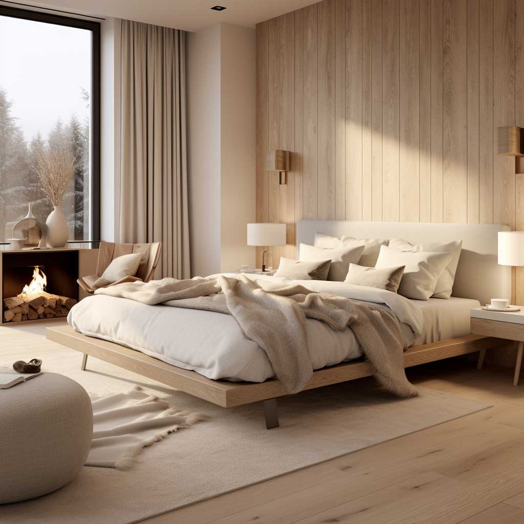 An image showcasing a tranquil bedroom retreat, designed with warm Scandinavian aesthetics and subtle modern touches.