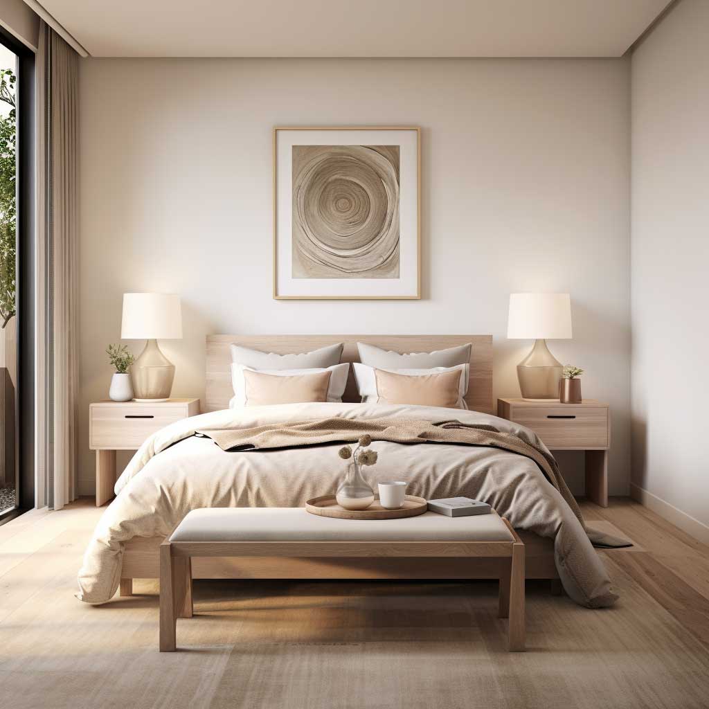 An image showcasing a tranquil bedroom retreat, designed with warm Scandinavian aesthetics and subtle modern touches.