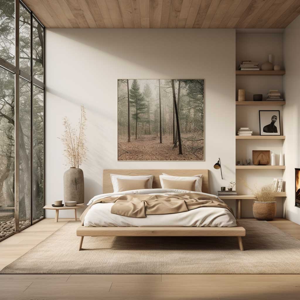 A snapshot of a Scandinavian-inspired bedroom, exhibiting simplistic harmony through warm hues, natural materials, and minimalist design.