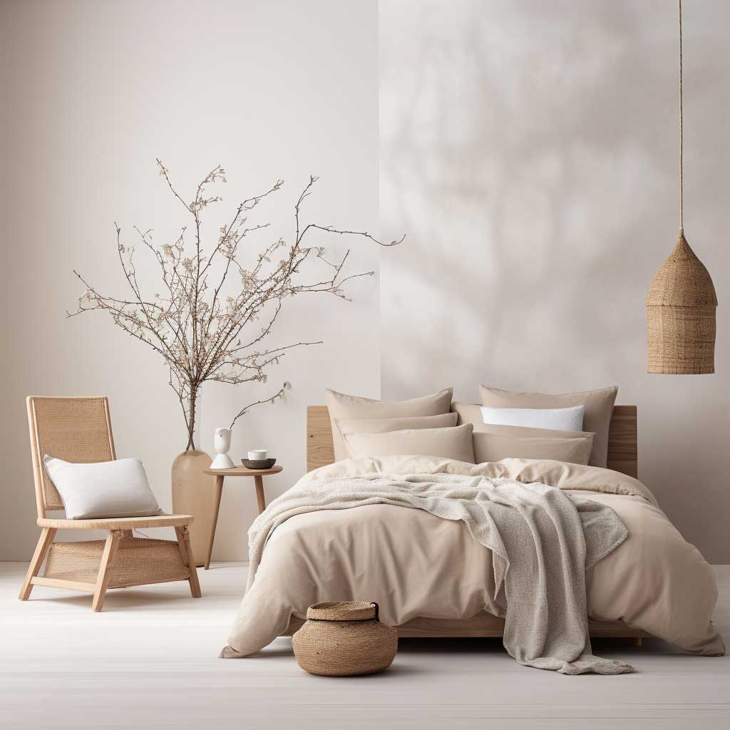 A snapshot of a Scandinavian-inspired bedroom, exhibiting simplistic harmony through warm hues, natural materials, and minimalist design.