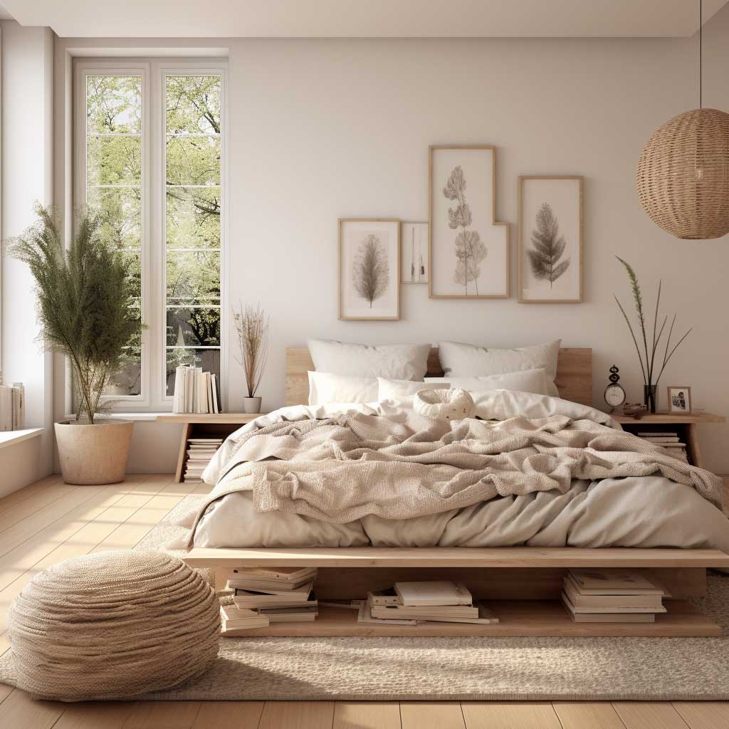 A soothing bedroom atmosphere showcasing warm Scandinavian design elements and cozy natural textures.