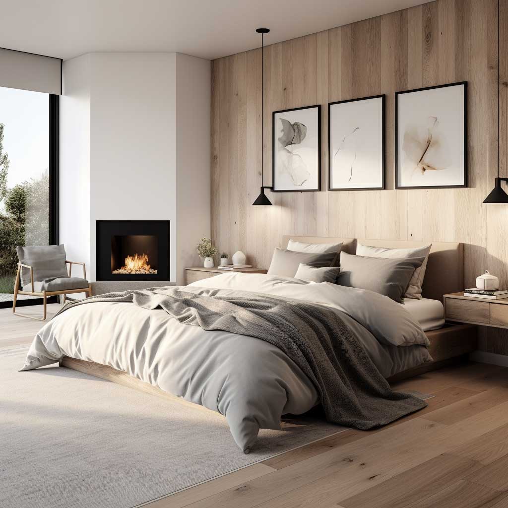 An image showcasing a tranquil bedroom retreat, designed with warm Scandinavian aesthetics and subtle modern touches.