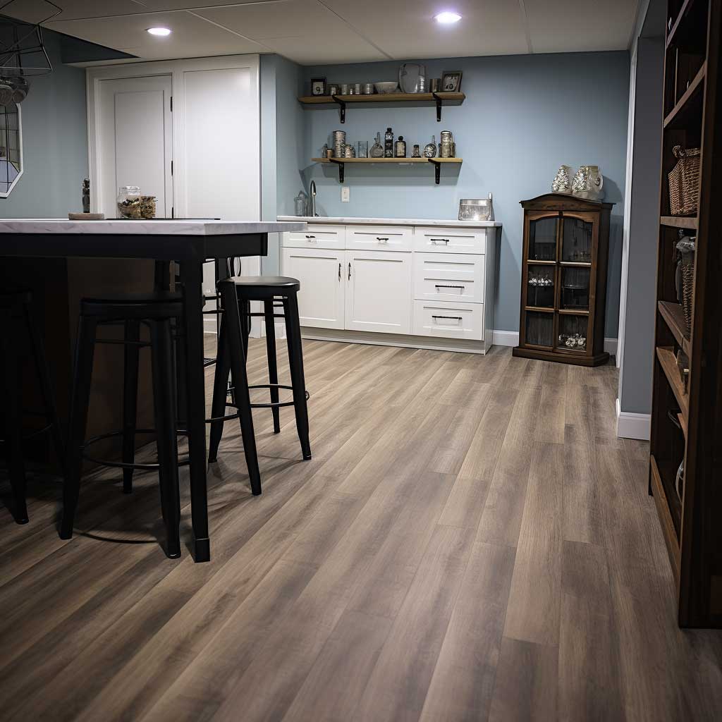 A photograph showcasing a basement outfitted with modern, wood-look luxury vinyl tiles.
