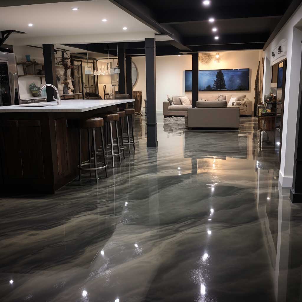 An image presenting a basement outfitted with an attractive and robust epoxy floor.
