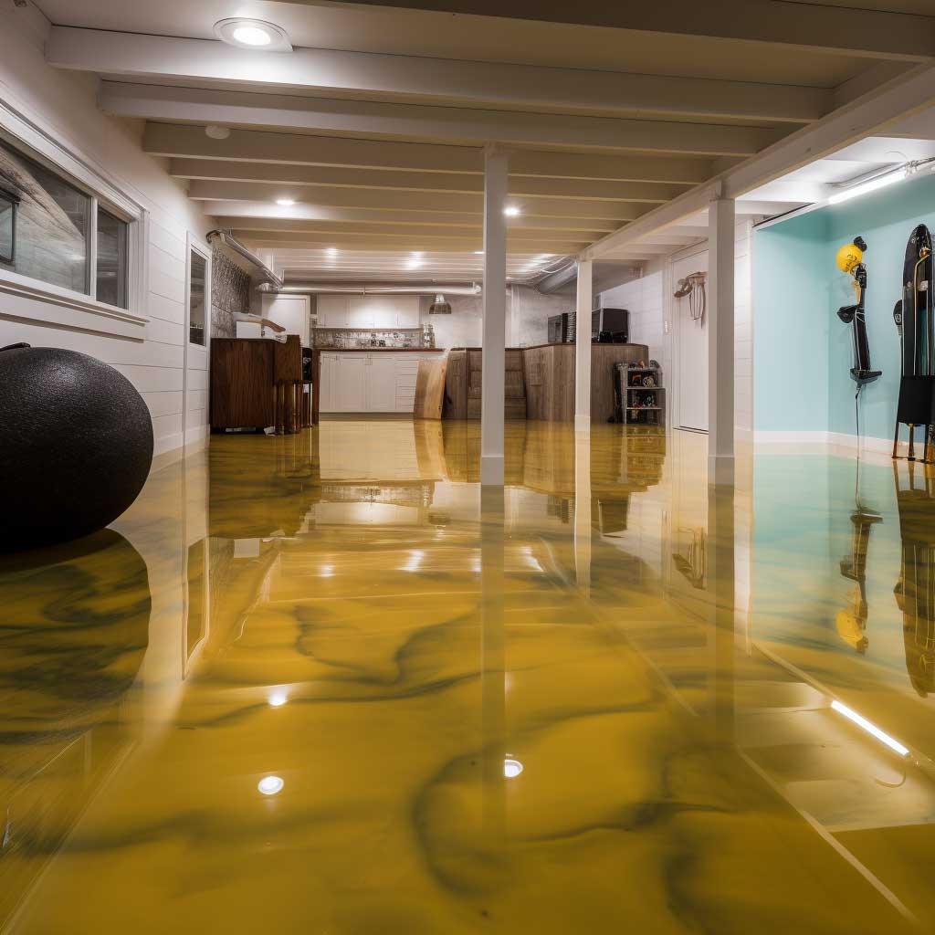 An image presenting a basement outfitted with an attractive and robust epoxy floor.