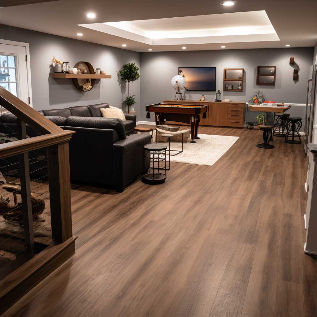 A photograph showcasing a basement outfitted with modern, wood-look luxury vinyl tiles.