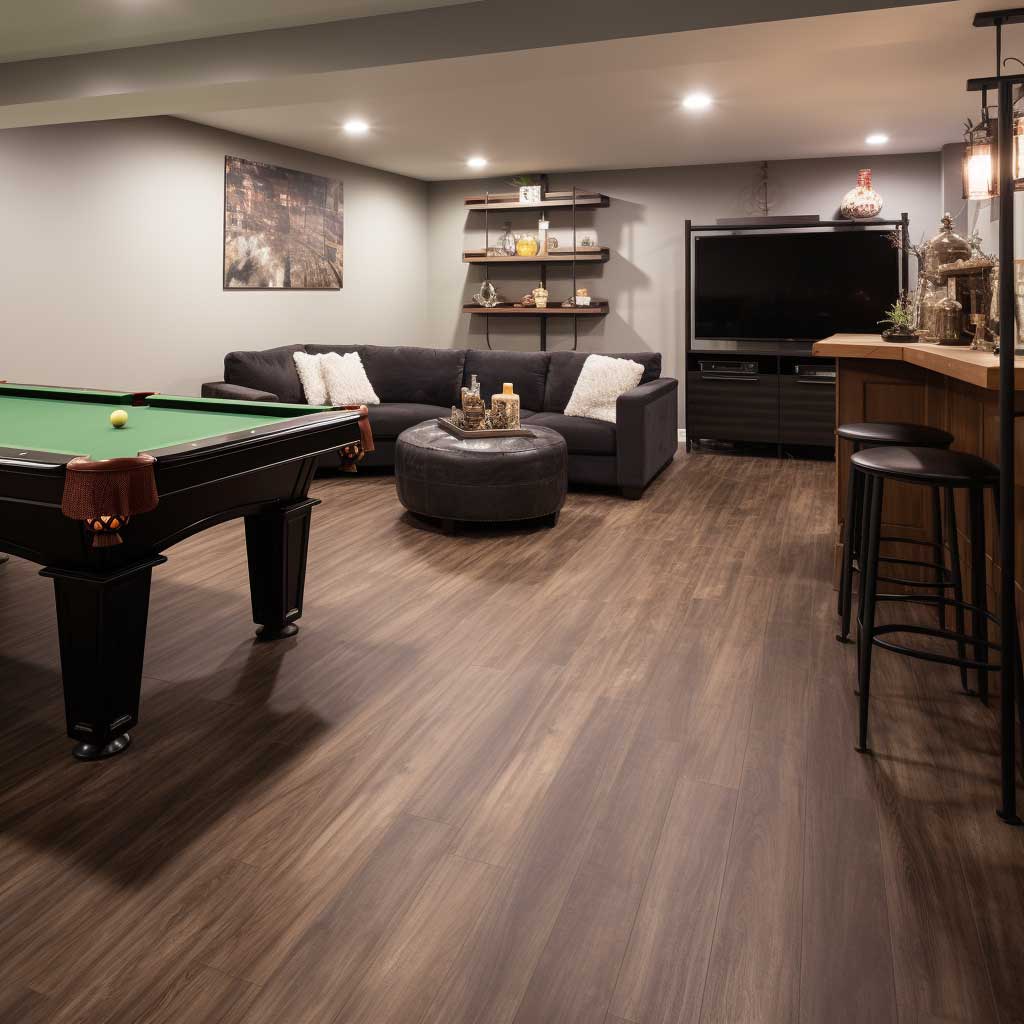 A photograph showcasing a basement outfitted with modern, wood-look luxury vinyl tiles.