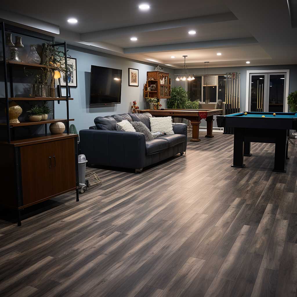 A photograph showcasing a basement outfitted with modern, wood-look luxury vinyl tiles.