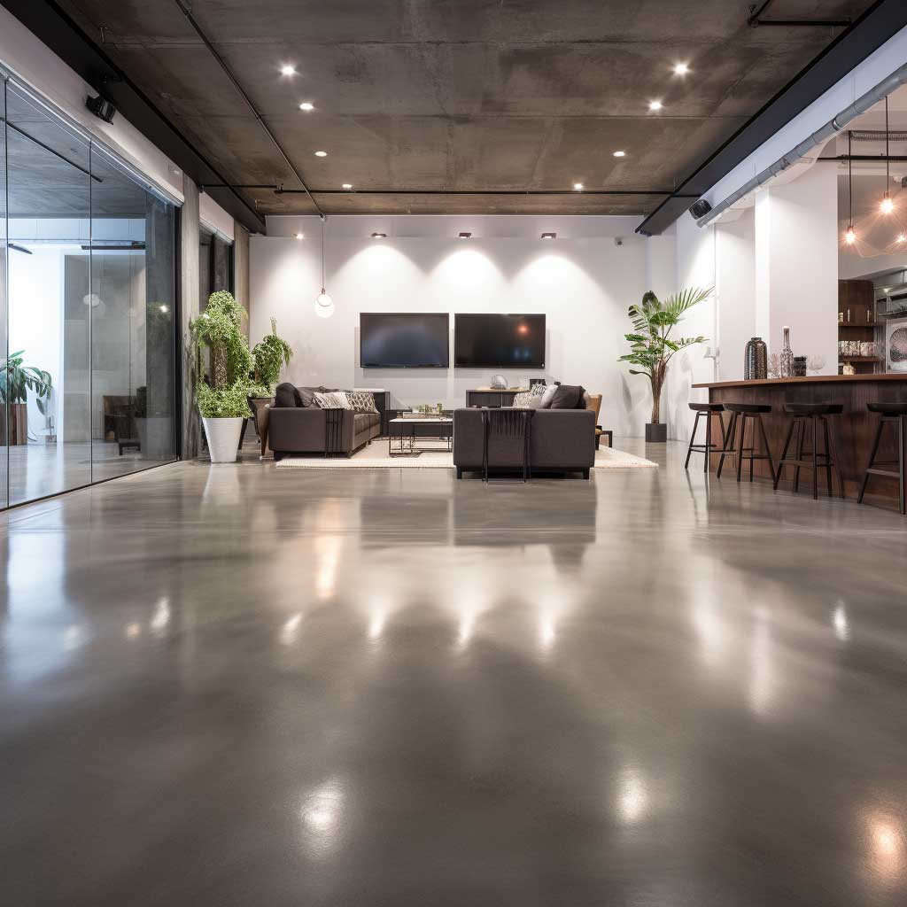 An image of a basement featuring polished concrete flooring for an industrial aesthetic.