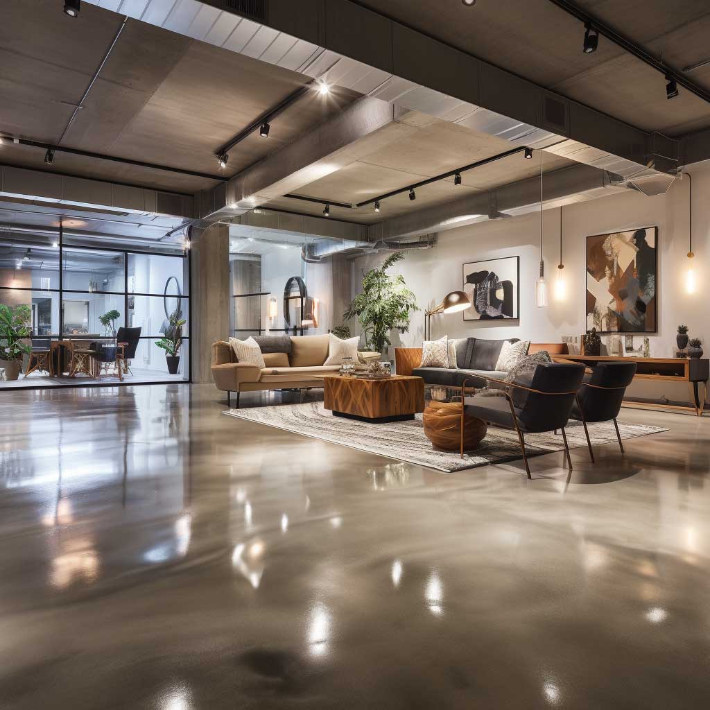 An image of a basement featuring polished concrete flooring for an industrial aesthetic.