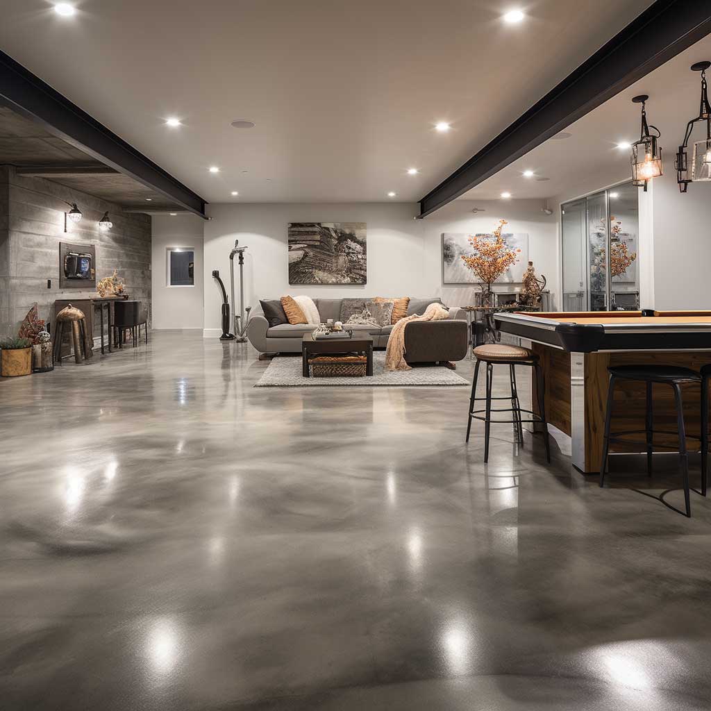An image of a basement featuring polished concrete flooring for an industrial aesthetic.