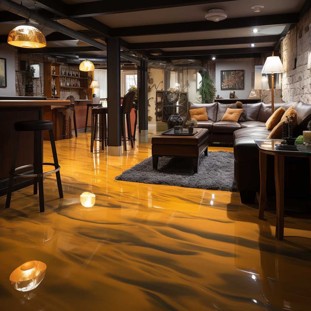 An image presenting a basement outfitted with an attractive and robust epoxy floor.