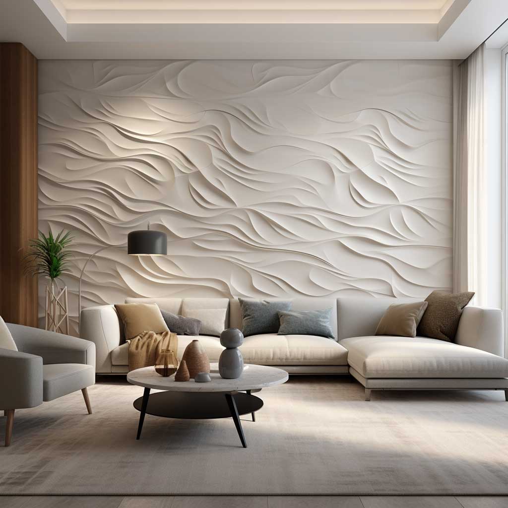 A living room's visual interest is magnified with a textured 3D wall panel design, creating a focal point that balances modern design with cozy living.