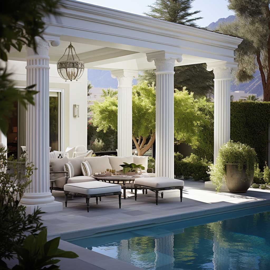 A poolside patio is enriched by decorative outdoor columns, adding a layer of architectural sophistication to the relaxing space.