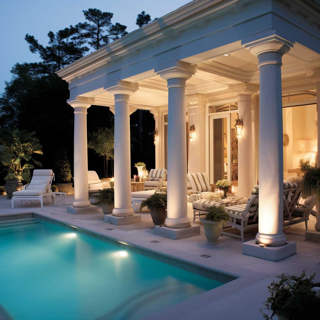 A poolside patio is enriched by decorative outdoor columns, adding a layer of architectural sophistication to the relaxing space.
