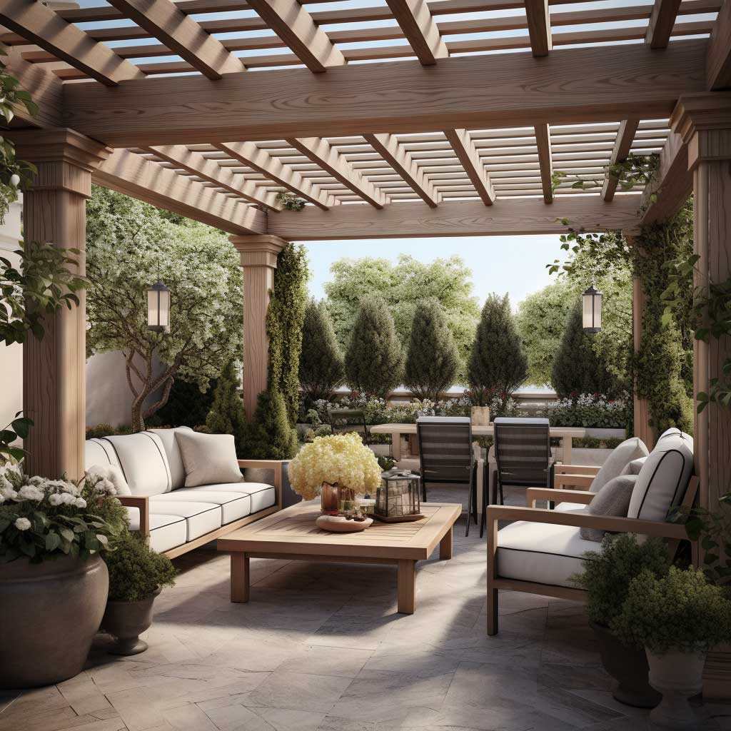 A cozy patio space featuring a pergola supported by decorative outdoor columns, enhancing the aesthetics of the outdoor area.