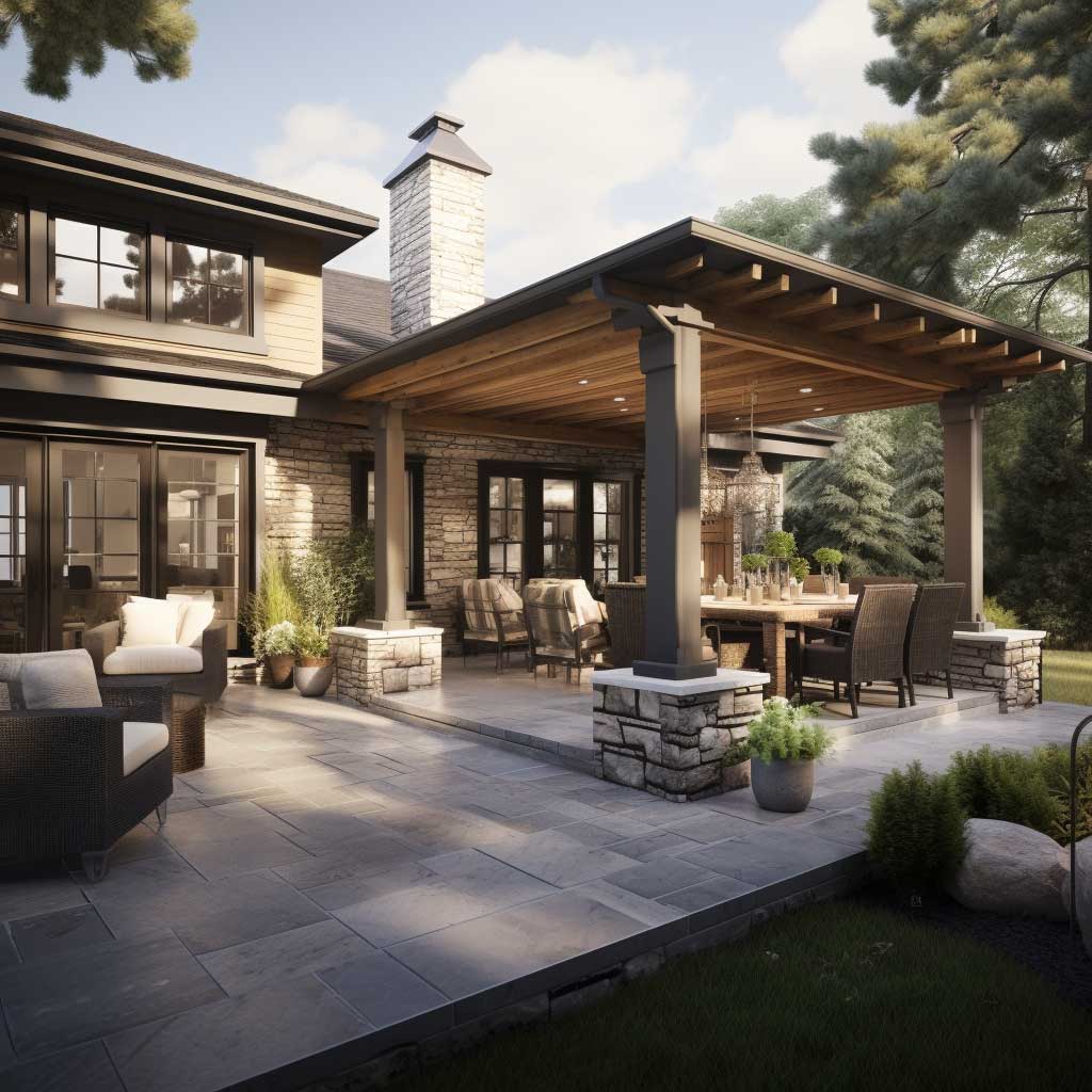 A modern patio design is accentuated by stone decorative outdoor columns, blending the sleek modern aesthetics with rustic charm.
