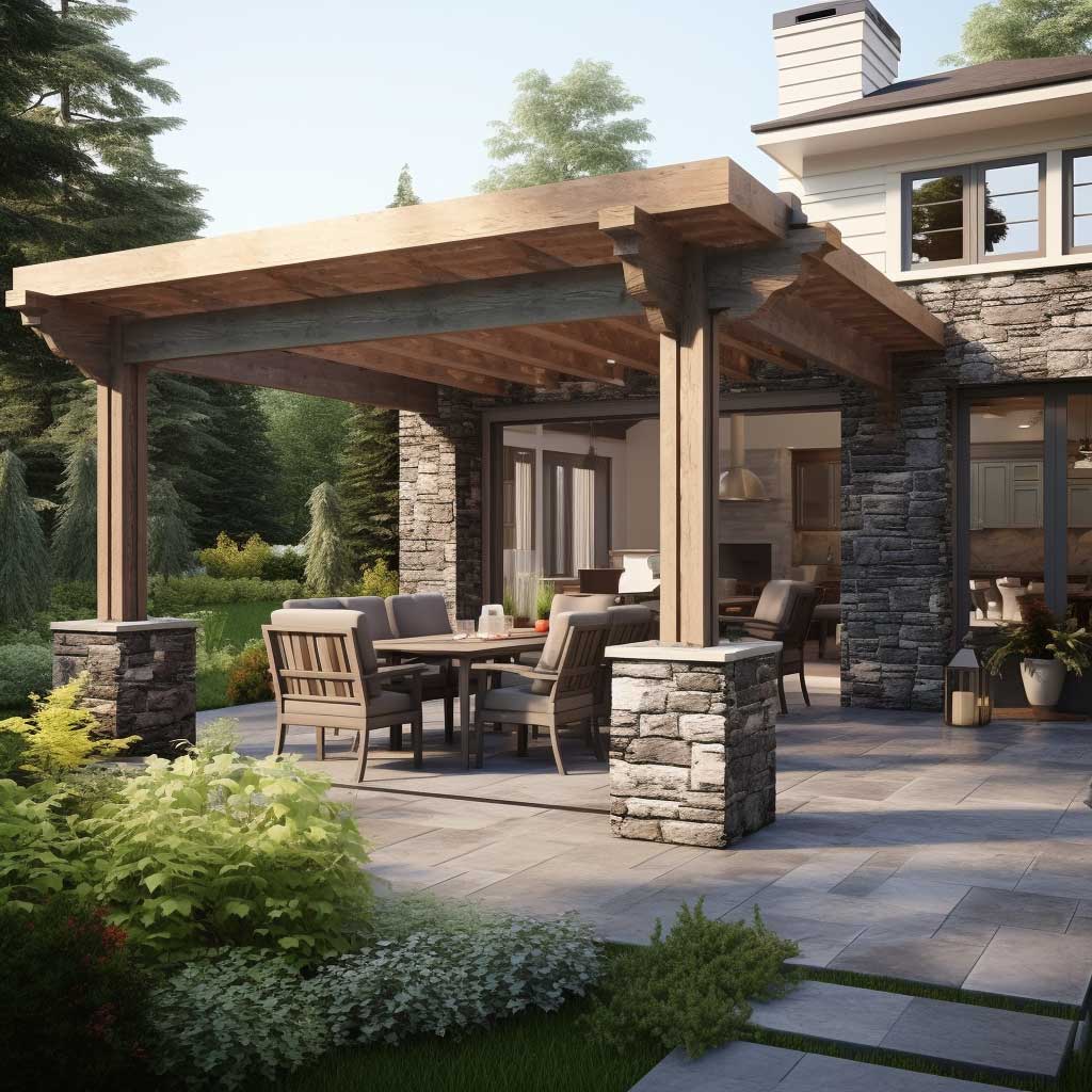A modern patio design is accentuated by stone decorative outdoor columns, blending the sleek modern aesthetics with rustic charm.