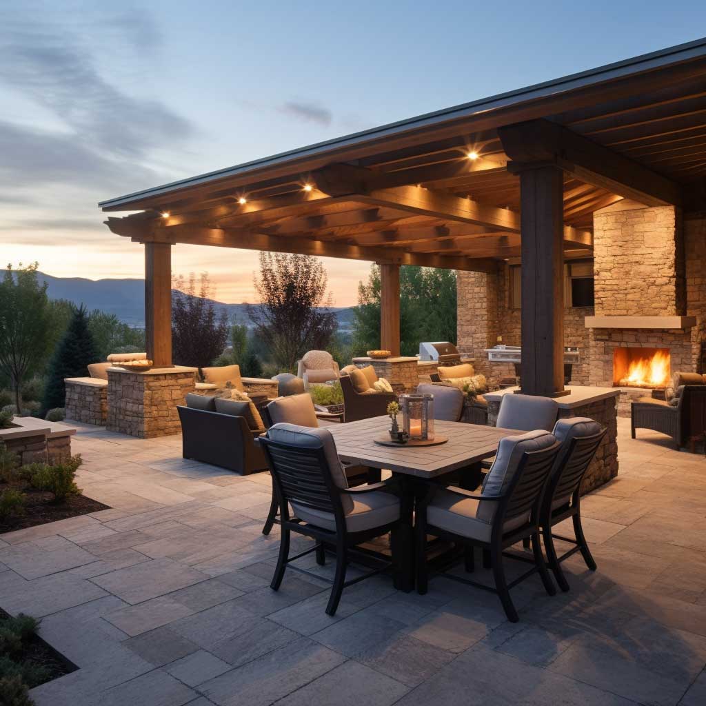 A modern patio design is accentuated by stone decorative outdoor columns, blending the sleek modern aesthetics with rustic charm.