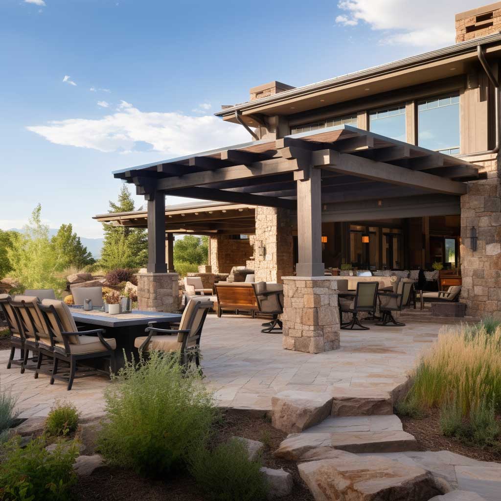 A modern patio design is accentuated by stone decorative outdoor columns, blending the sleek modern aesthetics with rustic charm.