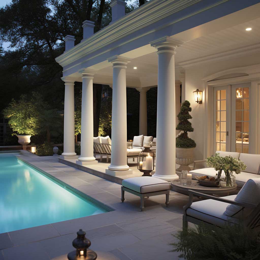 A poolside patio is enriched by decorative outdoor columns, adding a layer of architectural sophistication to the relaxing space.