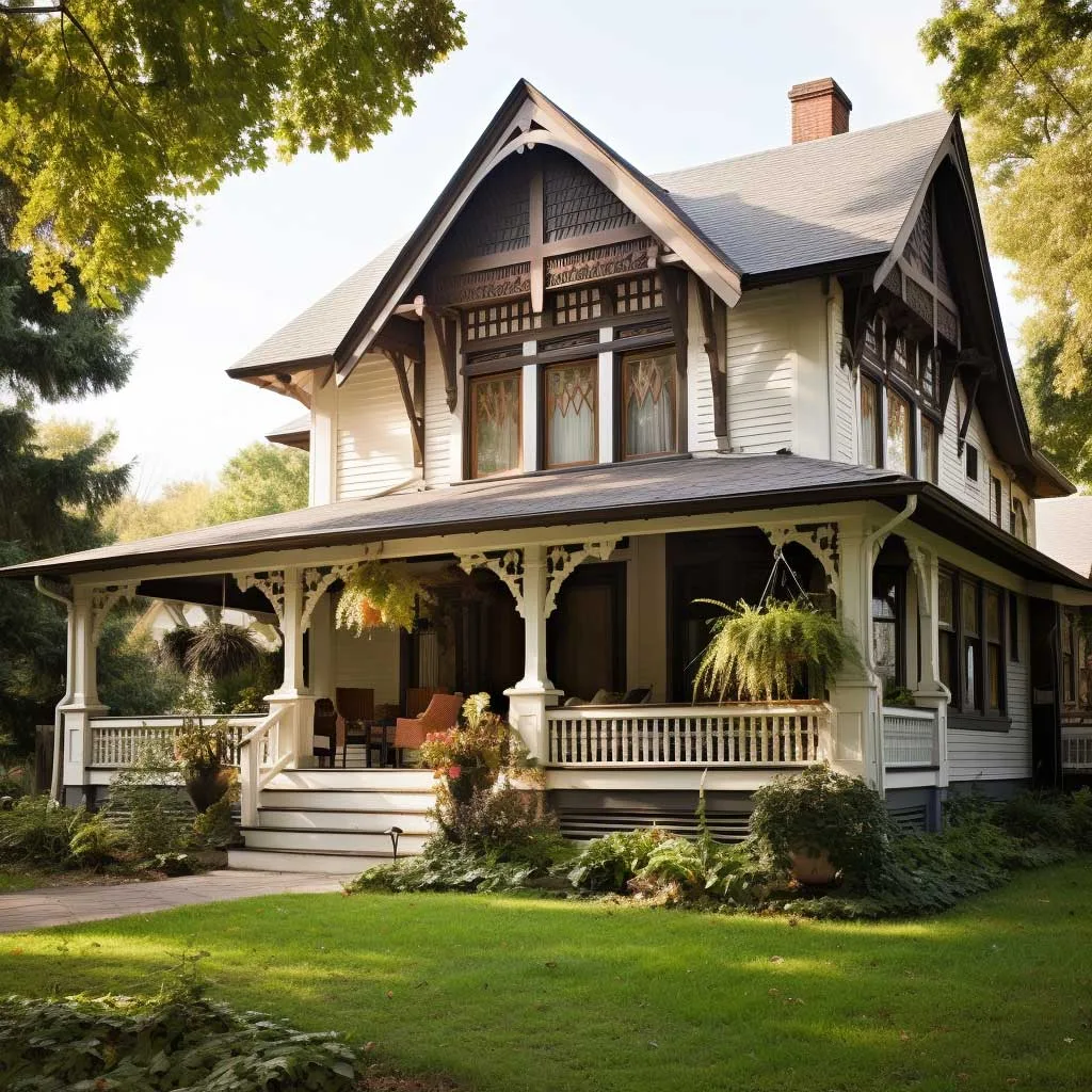 A charming traditional home featuring large, ornate wooden decorative porch posts supporting the extended roof over the porch area.