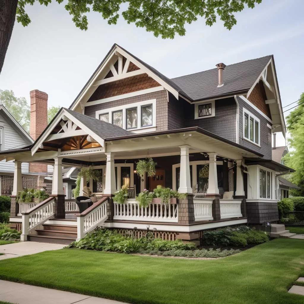 A charming traditional home featuring large, ornate wooden decorative porch posts supporting the extended roof over the porch area.
