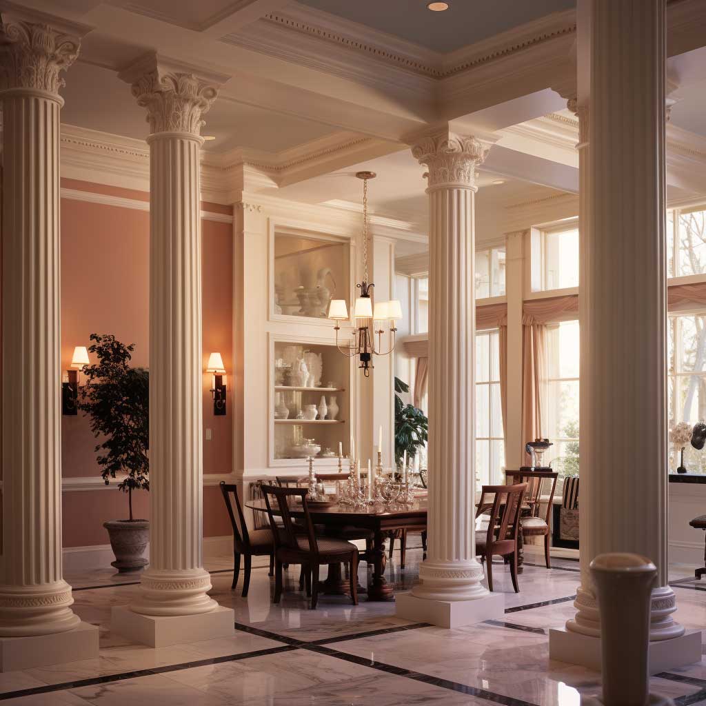 An elegant modern dining room boasts the integration of decorative Roman columns into its design.