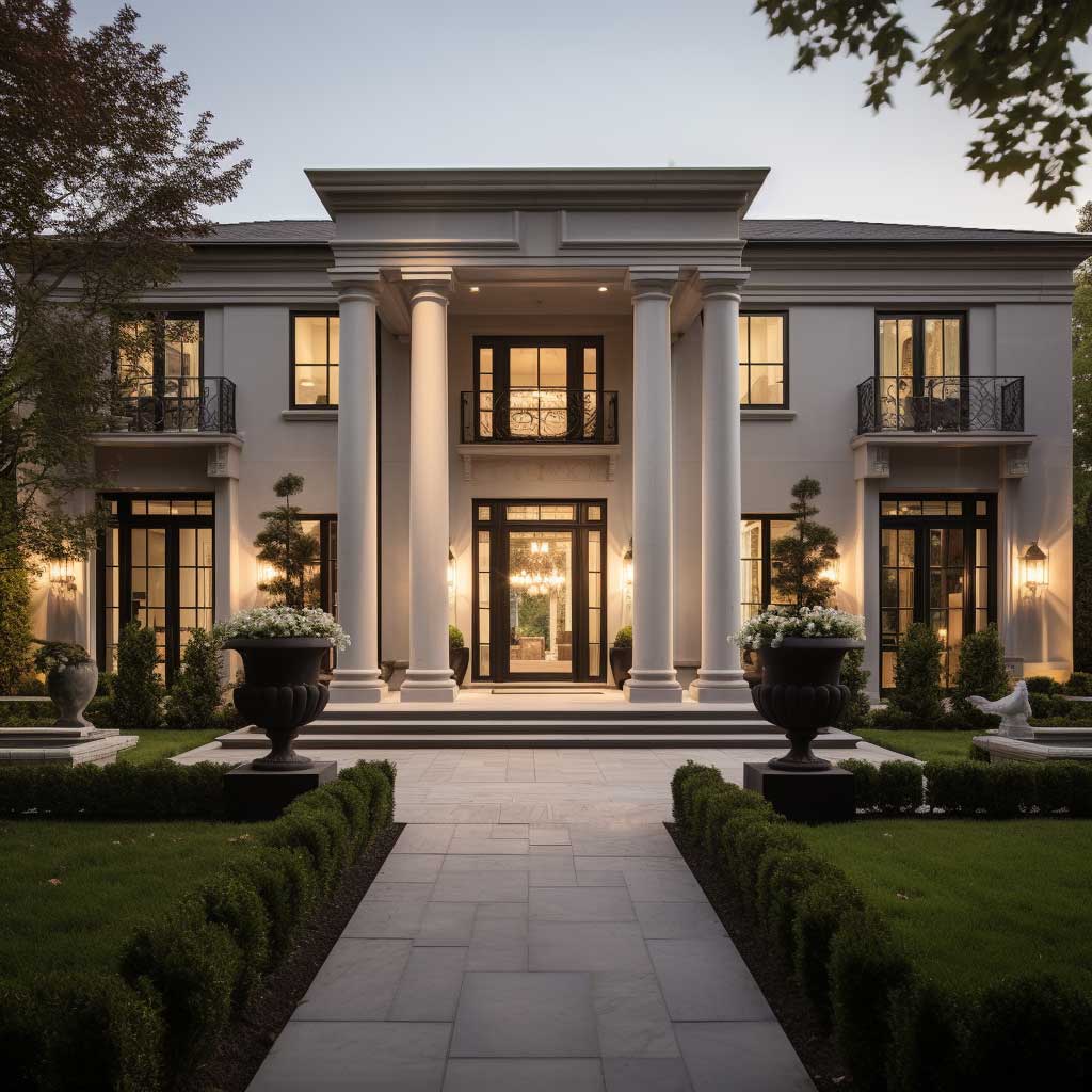 A modern home exterior impressively incorporates decorative Roman columns, balancing contemporary design with classical elements.