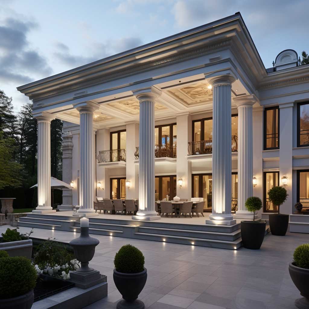 A modern home exterior impressively incorporates decorative Roman columns, balancing contemporary design with classical elements.