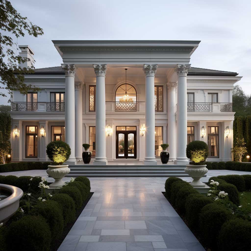 A modern home exterior impressively incorporates decorative Roman columns, balancing contemporary design with classical elements.