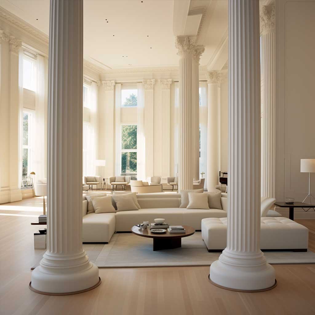 A spacious, minimalist modern living room is accentuated by elegant decorative Roman columns.