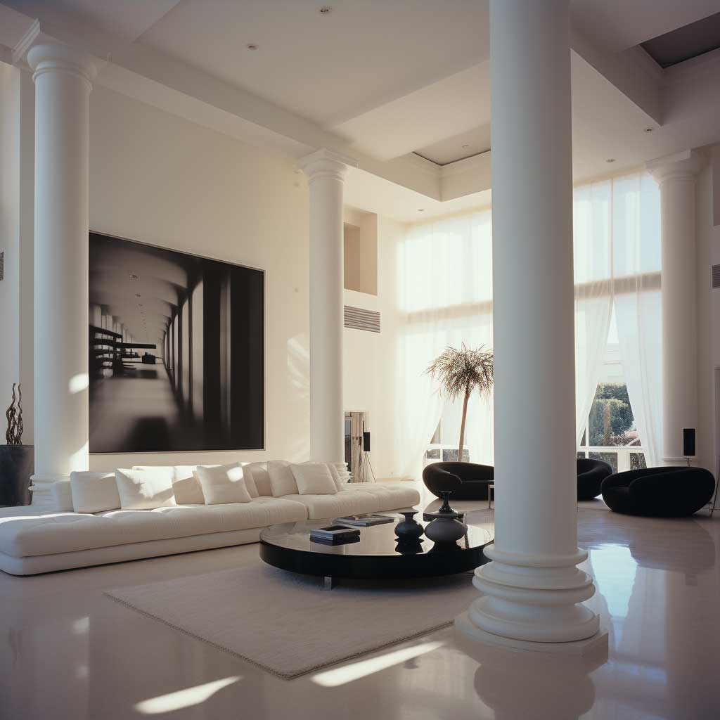 A spacious, minimalist modern living room is accentuated by elegant decorative Roman columns.