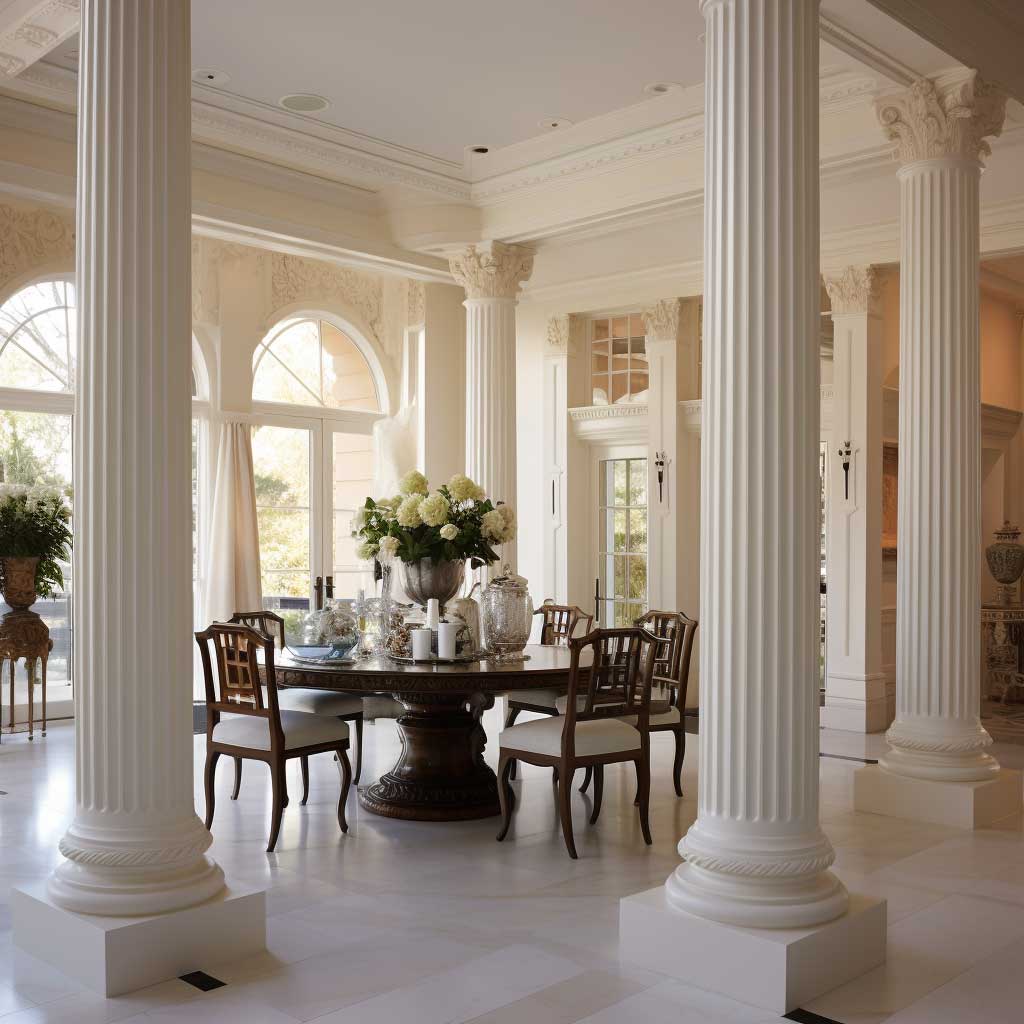 An elegant modern dining room boasts the integration of decorative Roman columns into its design.