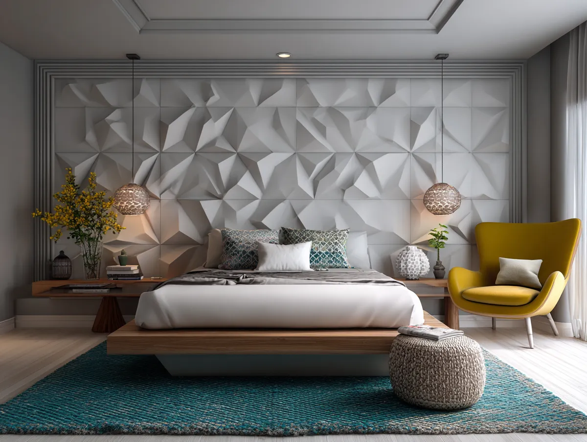 bedroom with bold geometric PVC panel design
